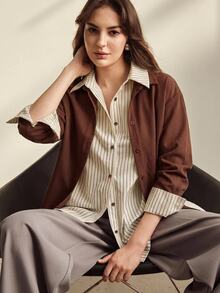Anewsta 女款秋冬復古優雅休閒棕色拼接 Polo 領長袖落肩襯衫，適合商務辦公 - 棕色 - 查看 4