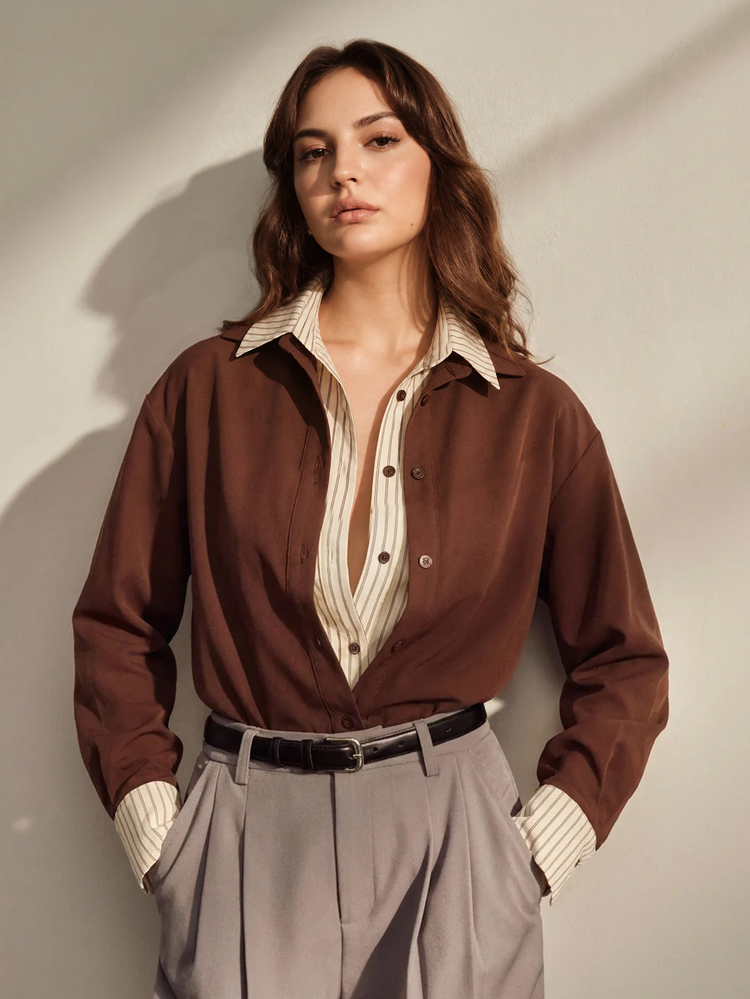 Anewsta Women's Fall Winter Vintage Elegant Casual Brown Patchwork Polo Collar Long Sleeve Drop Shoulder Shirt For Business Office - Brown - View 6