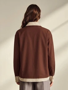 Anewsta 女款秋冬復古優雅休閒棕色拼接 Polo 領長袖落肩襯衫，適合商務辦公 - 棕色 - 查看 7
