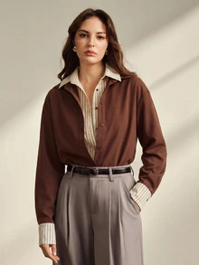 Anewsta 女款秋冬復古優雅休閒棕色拼接 Polo 領長袖落肩襯衫，適合商務辦公 - 棕色 - 查看 8