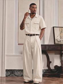 Mainfolk Men's Solid Color Short Sleeve Work Vacation Shirt And Long Pants Casual Modest Set Beige Summer Halloween - Apricot - View 9
