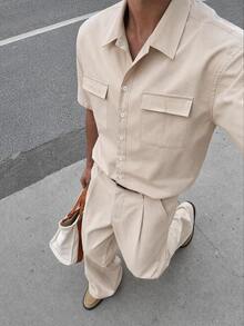 Mainfolk Men's Solid Color Short Sleeve Work Vacation Shirt And Long Pants Casual Modest Set Beige Summer Halloween - Apricot - View 10