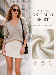 GlowEve Rok Midi Rajut Bodycon Wanita Warna Polos dengan Pinggang Elastis - Coklat - View 6