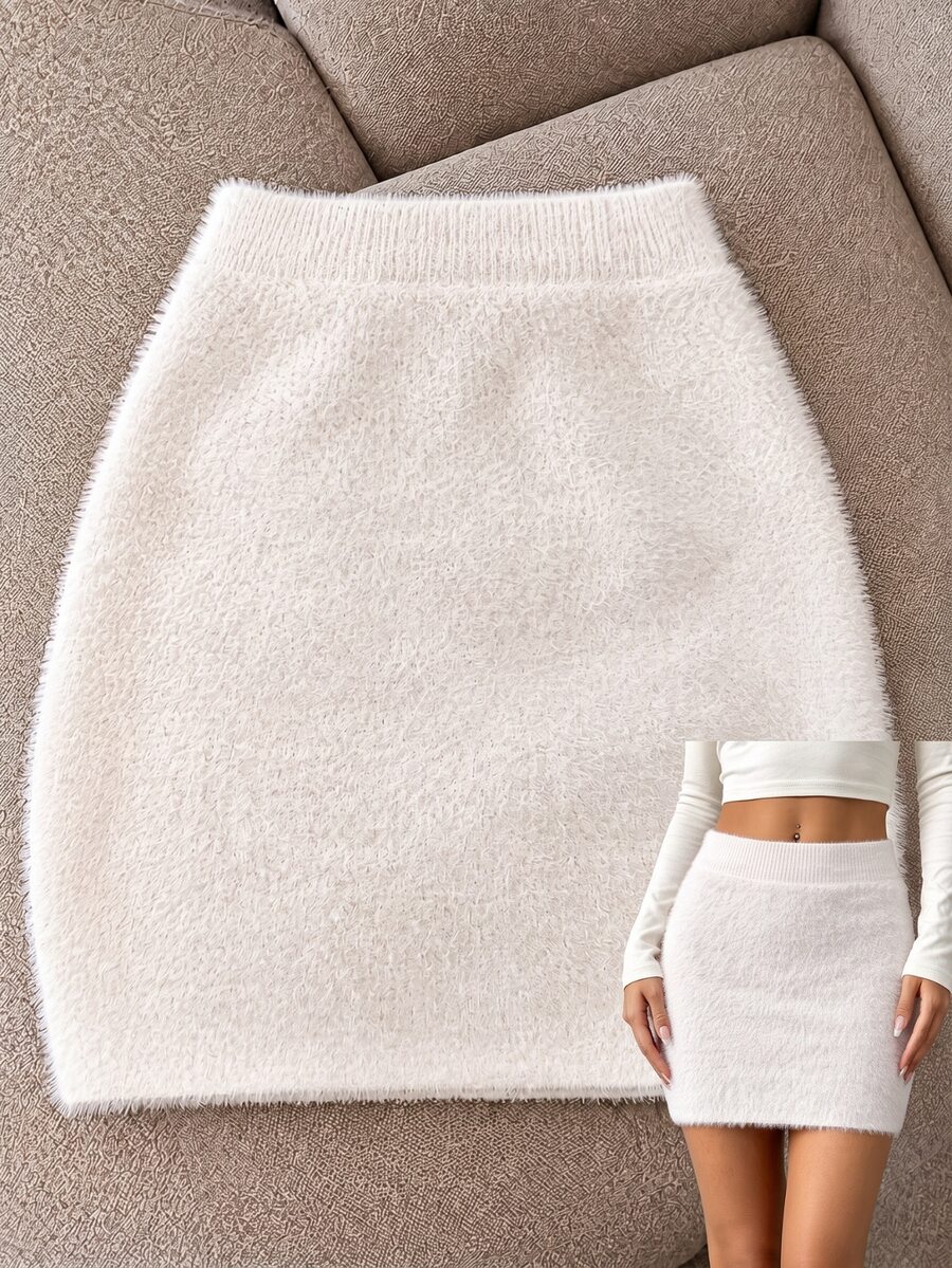 GlowEve Rok Midi Rajut Bodycon Wanita Warna Polos dengan Pinggang Elastis - Coklat - View 1