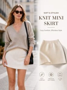 GlowEve Rok Midi Rajut Bodycon Wanita Warna Polos dengan Pinggang Elastis - Coklat - View 2