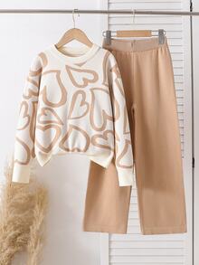 Tween Girl Cherry Print Off-White Pink Cute Autumn Back-To-School Holiday Knitted Pants Set Sweater Top+Straight Preppy Family Matching - Khaki - View 1