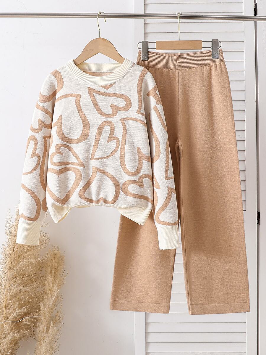 Tween Girl Cherry Print Off-White Pink Cute Autumn Back-To-School Holiday Knitted Pants Set Sweater Top+Straight Preppy Family Matching - Khaki - View 1