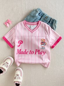 SHEIN 1件少女/女孩嬰兒粉夏季休閒寬鬆可愛熊英文圖案V領短袖T恤，校園運動返校日常穿著 - 粉色 - 查看 2