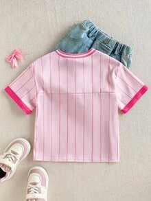 SHEIN 1件少女/女孩嬰兒粉夏季休閒寬鬆可愛熊英文圖案V領短袖T恤，校園運動返校日常穿著 - 粉色 - 查看 3
