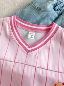 SHEIN 1件少女/女孩嬰兒粉夏季休閒寬鬆可愛熊英文圖案V領短袖T恤，校園運動返校日常穿著 - 粉色 - 查看 5