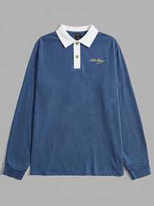 Mainfolk Men's Letter Print Contrast Color Long Sleeve Casual Polo Shirt Halloween Winter Party Autumn  - Blue - View 5