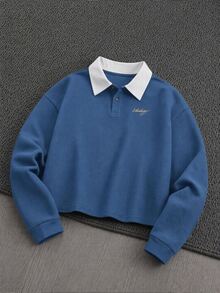 Mainfolk Men's Letter Print Contrast Color Long Sleeve Casual Polo Shirt Halloween Winter Party Autumn  - Blue - View 7