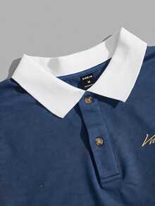 Mainfolk Men's Letter Print Contrast Color Long Sleeve Casual Polo Shirt Halloween Winter Party Autumn  - Blue - View 3