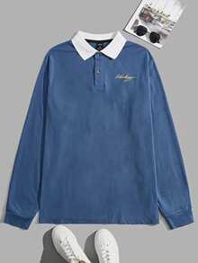 Mainfolk Men's Letter Print Contrast Color Long Sleeve Casual Polo Shirt Halloween Winter Party Autumn  - Blue - View 6