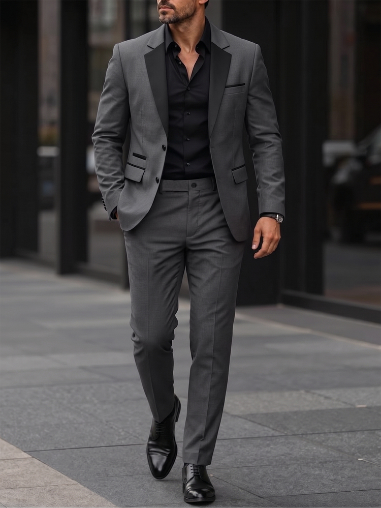 Manfinity Bizformal Setelan Jas Pria Dewasa Kasual Sehari-hari Serbaguna dengan Desain Blok Warna, Jaket dan Celana Panjang dengan Kerah Bergelombang - MultiWarna - View 5