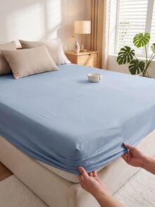 HONEYMOON 1pc Solid Color Soft Fitted Sheet 100% Polyester Fabric Lightweight Cloud-Like Touch Bedding Mattress Cover, Elastic Band Around, Suitable For 9-12 Inch Depth Mattress, Soft Breathable Machine Washable, Shrink-Resistant, Colorfast, All-Season Use, Different Sizes Suitable For Home And Dorm, Back To School Dorm Essential, Light Blue - Dusty Blue - View 2