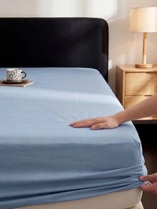 HONEYMOON 1pc Solid Color Soft Fitted Sheet 100% Polyester Fabric Lightweight Cloud-Like Touch Bedding Mattress Cover, Elastic Band Around, Suitable For 9-12 Inch Depth Mattress, Soft Breathable Machine Washable, Shrink-Resistant, Colorfast, All-Season Use, Different Sizes Suitable For Home And Dorm, Back To School Dorm Essential, Light Blue - Dusty Blue - View 4
