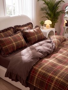 2/3pcs Ruffle Duvet Cover Set, Dorm Bedding, Brown Plaid Bedding Set, Cozy Room Decor, Skin-Friendly Breathable, Ultra Soft Anti-Pilling, No Duvet Insert, Suitable For Twin/Full/Queen/King Size Bed, All Season, Machine Washable, Back To School - Multicolor - View 8