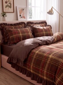 2/3pcs Ruffle Duvet Cover Set, Dorm Bedding, Brown Plaid Bedding Set, Cozy Room Decor, Skin-Friendly Breathable, Ultra Soft Anti-Pilling, No Duvet Insert, Suitable For Twin/Full/Queen/King Size Bed, All Season, Machine Washable, Back To School - Multicolor - View 2