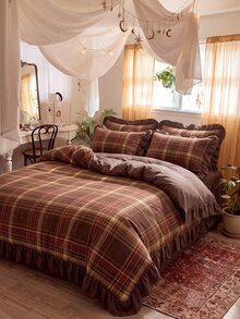 2/3pcs Ruffle Duvet Cover Set, Dorm Bedding, Brown Plaid Bedding Set, Cozy Room Decor, Skin-Friendly Breathable, Ultra Soft Anti-Pilling, No Duvet Insert, Suitable For Twin/Full/Queen/King Size Bed, All Season, Machine Washable, Back To School - Multicolor - View 1