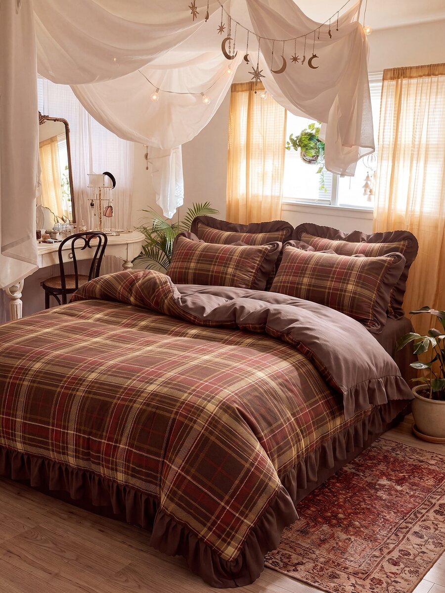 2/3pcs Ruffle Duvet Cover Set, Dorm Bedding, Brown Plaid Bedding Set, Cozy Room Decor, Skin-Friendly Breathable, Ultra Soft Anti-Pilling, No Duvet Insert, Suitable For Twin/Full/Queen/King Size Bed, All Season, Machine Washable, Back To School - Multicolor - View 1