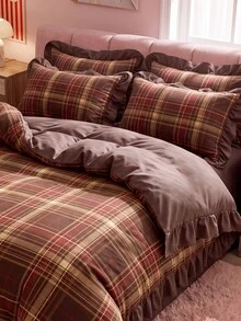 2/3pcs Ruffle Duvet Cover Set, Dorm Bedding, Brown Plaid Bedding Set, Cozy Room Decor, Skin-Friendly Breathable, Ultra Soft Anti-Pilling, No Duvet Insert, Suitable For Twin/Full/Queen/King Size Bed, All Season, Machine Washable, Back To School - Multicolor - View 9