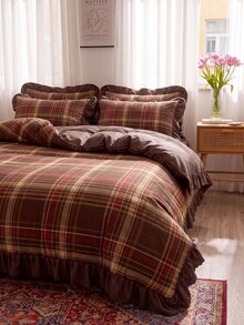 2/3pcs Ruffle Duvet Cover Set, Dorm Bedding, Brown Plaid Bedding Set, Cozy Room Decor, Skin-Friendly Breathable, Ultra Soft Anti-Pilling, No Duvet Insert, Suitable For Twin/Full/Queen/King Size Bed, All Season, Machine Washable, Back To School - Multicolor - View 6