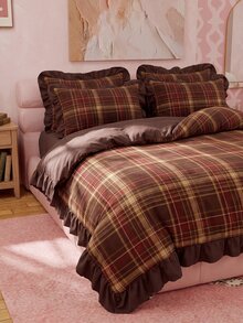 2/3pcs Ruffle Duvet Cover Set, Dorm Bedding, Brown Plaid Bedding Set, Cozy Room Decor, Skin-Friendly Breathable, Ultra Soft Anti-Pilling, No Duvet Insert, Suitable For Twin/Full/Queen/King Size Bed, All Season, Machine Washable, Back To School - Multicolor - View 7