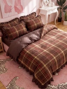 2/3pcs Ruffle Duvet Cover Set, Dorm Bedding, Brown Plaid Bedding Set, Cozy Room Decor, Skin-Friendly Breathable, Ultra Soft Anti-Pilling, No Duvet Insert, Suitable For Twin/Full/Queen/King Size Bed, All Season, Machine Washable, Back To School - Multicolor - View 5