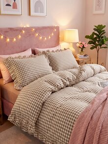 Black, Pink, Green, Blue Plaid Pattern Duvet Cover Set - Soft Double-Layer Brushed Bedding Set, Suitable For Girls And Adults, Zipper Closure, 3 Pieces Set, Includes 1 Duvet Cover (90" X 90") And 2 Pillow Shams, Comforter Not Included - Camel - View 6