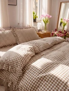 Black, Pink, Green, Blue Plaid Pattern Duvet Cover Set - Soft Double-Layer Brushed Bedding Set, Suitable For Girls And Adults, Zipper Closure, 3 Pieces Set, Includes 1 Duvet Cover (90" X 90") And 2 Pillow Shams, Comforter Not Included - Camel - View 5
