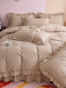 Black, Pink, Green, Blue Plaid Pattern Duvet Cover Set - Soft Double-Layer Brushed Bedding Set, Suitable For Girls And Adults, Zipper Closure, 3 Pieces Set, Includes 1 Duvet Cover (90" X 90") And 2 Pillow Shams, Comforter Not Included - Camel - View 2