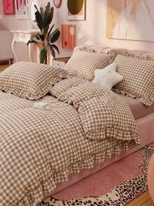 Black, Pink, Green, Blue Plaid Pattern Duvet Cover Set - Soft Double-Layer Brushed Bedding Set, Suitable For Girls And Adults, Zipper Closure, 3 Pieces Set, Includes 1 Duvet Cover (90" X 90") And 2 Pillow Shams, Comforter Not Included - Camel - View 4