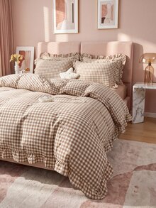 Black, Pink, Green, Blue Plaid Pattern Duvet Cover Set - Soft Double-Layer Brushed Bedding Set, Suitable For Girls And Adults, Zipper Closure, 3 Pieces Set, Includes 1 Duvet Cover (90" X 90") And 2 Pillow Shams, Comforter Not Included - Camel - View 9