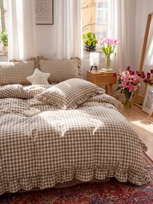 Black, Pink, Green, Blue Plaid Pattern Duvet Cover Set - Soft Double-Layer Brushed Bedding Set, Suitable For Girls And Adults, Zipper Closure, 3 Pieces Set, Includes 1 Duvet Cover (90" X 90") And 2 Pillow Shams, Comforter Not Included - Camel - View 10