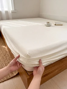 HONEYMOON 1件裝柔軟舒適純色包床單，床墊保護套，輕量透氣，9.84英吋/25公分深口袋，可機洗，適用所有床尺寸，適合宿舍與客房（不含枕套），返校宿舍必需品，床上用品，米色 - 米色 - 查看 2