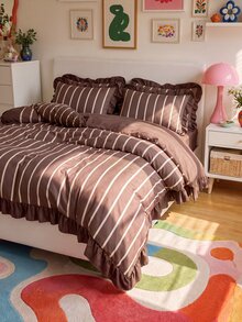2/3pcs Ruffle Duvet Cover Set, Dorm Bedding, Brown Striped Bedding Set, Cozy Room Decor, Skin-Friendly Breathable, Super Soft Anti-Pilling, No Duvet Insert, Suitable For Single/Double/Queen/King Size Beds, All Season, Machine Washable, Back To School - Multicolor - View 8