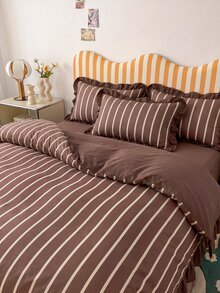 2/3pcs Ruffle Duvet Cover Set, Dorm Bedding, Brown Striped Bedding Set, Cozy Room Decor, Skin-Friendly Breathable, Super Soft Anti-Pilling, No Duvet Insert, Suitable For Single/Double/Queen/King Size Beds, All Season, Machine Washable, Back To School - Multicolor - View 7