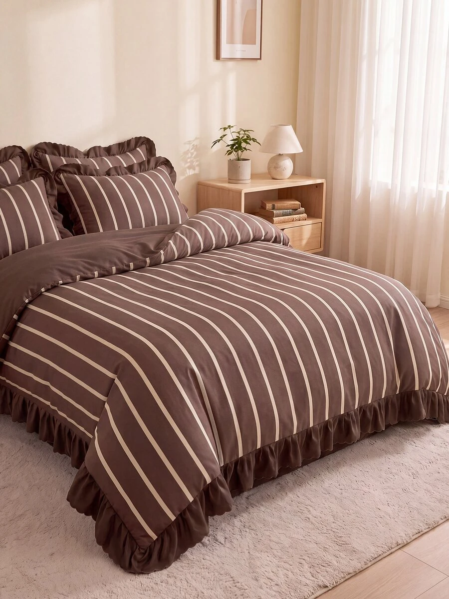 2/3pcs Ruffle Duvet Cover Set, Dorm Bedding, Brown Striped Bedding Set, Cozy Room Decor, Skin-Friendly Breathable, Super Soft Anti-Pilling, No Duvet Insert, Suitable For Single/Double/Queen/King Size Beds, All Season, Machine Washable, Back To School - Multicolor - View 1