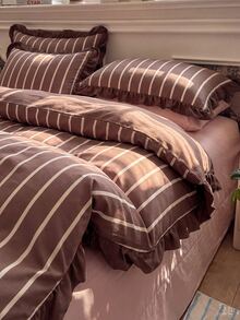 2/3pcs Ruffle Duvet Cover Set, Dorm Bedding, Brown Striped Bedding Set, Cozy Room Decor, Skin-Friendly Breathable, Super Soft Anti-Pilling, No Duvet Insert, Suitable For Single/Double/Queen/King Size Beds, All Season, Machine Washable, Back To School - Multicolor - View 5