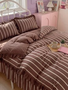 2/3pcs Ruffle Duvet Cover Set, Dorm Bedding, Brown Striped Bedding Set, Cozy Room Decor, Skin-Friendly Breathable, Super Soft Anti-Pilling, No Duvet Insert, Suitable For Single/Double/Queen/King Size Beds, All Season, Machine Washable, Back To School - Multicolor - View 4