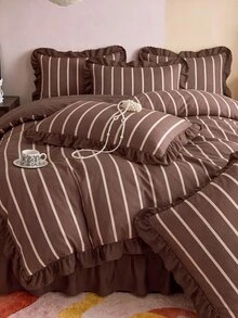 2/3pcs Ruffle Duvet Cover Set, Dorm Bedding, Brown Striped Bedding Set, Cozy Room Decor, Skin-Friendly Breathable, Super Soft Anti-Pilling, No Duvet Insert, Suitable For Single/Double/Queen/King Size Beds, All Season, Machine Washable, Back To School - Multicolor - View 2