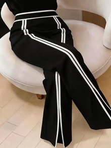 SHEIN CURVE+ 大尺碼女款通勤時尚拼色設計黑白拼接直筒長褲 秋季 - 黑與白 - 查看 8