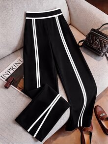 SHEIN CURVE+ 大尺碼女款通勤時尚拼色設計黑白拼接直筒長褲 秋季 - 黑與白 - 查看 7