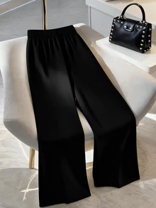 SHEIN CURVE+ 大尺碼女款通勤時尚拼色設計黑白拼接直筒長褲 秋季 - 黑與白 - 查看 2