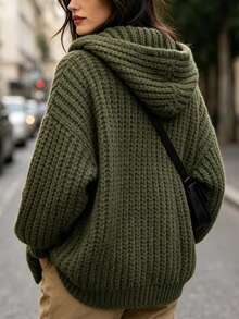 Balvessa Women's Casual Hooded Cardigan, Autumn/Winter - Army Green - View 2