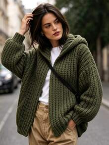 Balvessa Women's Casual Hooded Cardigan, Autumn/Winter - Army Green - View 4