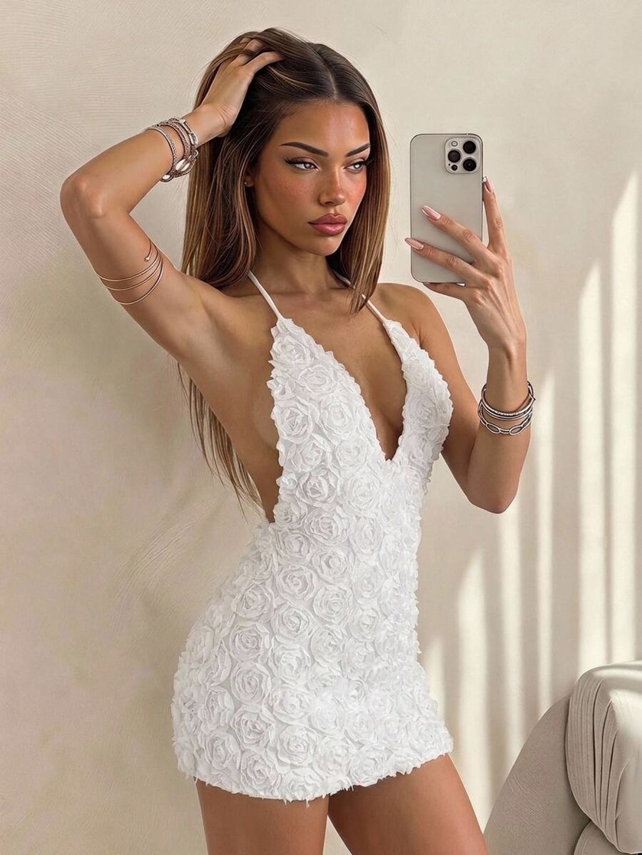 SHEIN ICON Deep V-Neck Spaghetti Strap 3D Floral Mini Dress - White - View 1