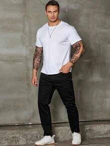 Manfinity CityGents 男士加棉實色斜插口袋牛仔褲，修身長款陰暗色洗水仔褲，帶口袋素黑色工作休閒裝，尺寸 - 黑色 - 查看 4