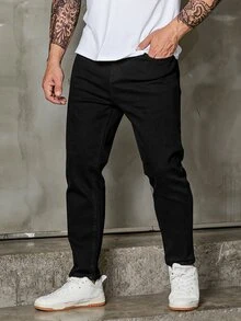Manfinity CityGents 男士加棉實色斜插口袋牛仔褲，修身長款陰暗色洗水仔褲，帶口袋素黑色工作休閒裝，尺寸 - 黑色 - 查看 6